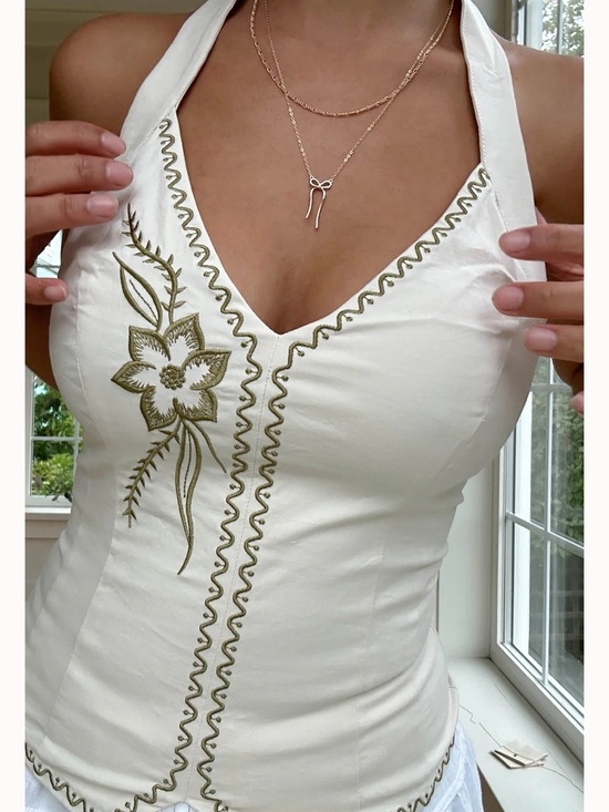 Princess Polly Tops - Princess Polly Ivory Halter Top with Olive Embroidered Floral Detail NEW